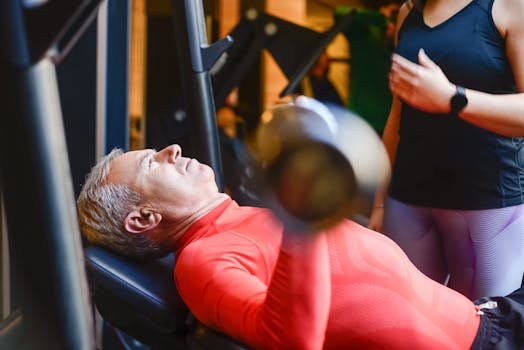 ServiceResistanceTraining Elderly man exercising with a barbell at the gym under supervision.